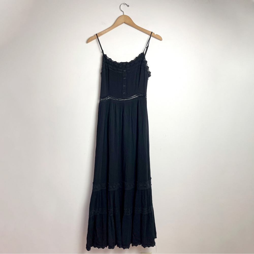 Black Crochet Lace Maxi Dress Medium Tiered Gothic Whimsigoth Witchy Cottage